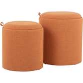 Tray Nesting Ottoman Set in Orange Fabric & Natural Wood